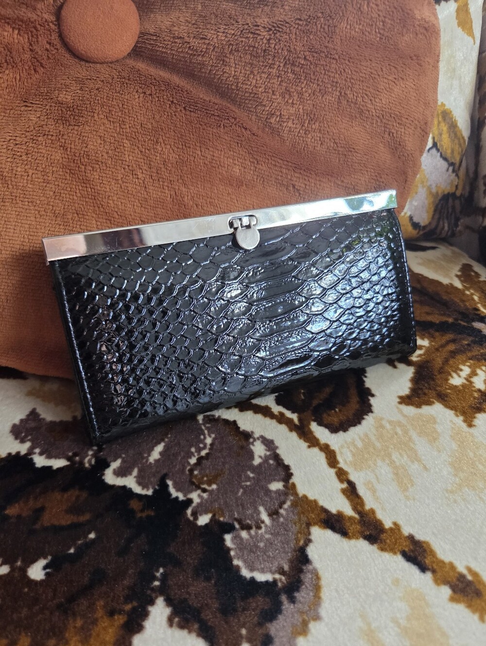 Black Faux Croc Clutch Wallet with Silver Frame
